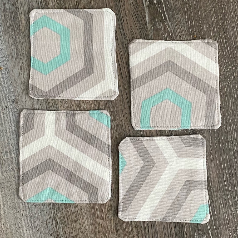 🔥 5/$25 NEW Set of 4 Grey/White Fabric Coasters made w/outdoor furniture fabric